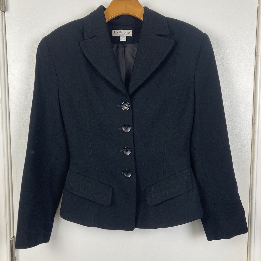 Vintage BEBE Black Wool Blazer Jacket Fitted 4-Button Size 2 Made in USA 90s Y2K
